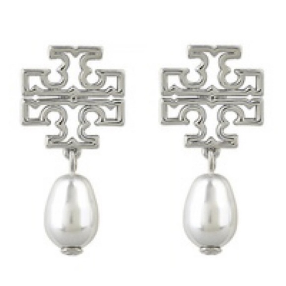 Tory Burch Jewelry - TORY BURCH • Silver Britten Logo Pearl Drop Earrings